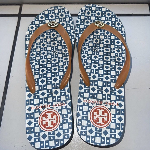 Tory Burch Thong Women's blue White Flip Flop Logo Comfort Sandal Wedge - Picture 4 of 5